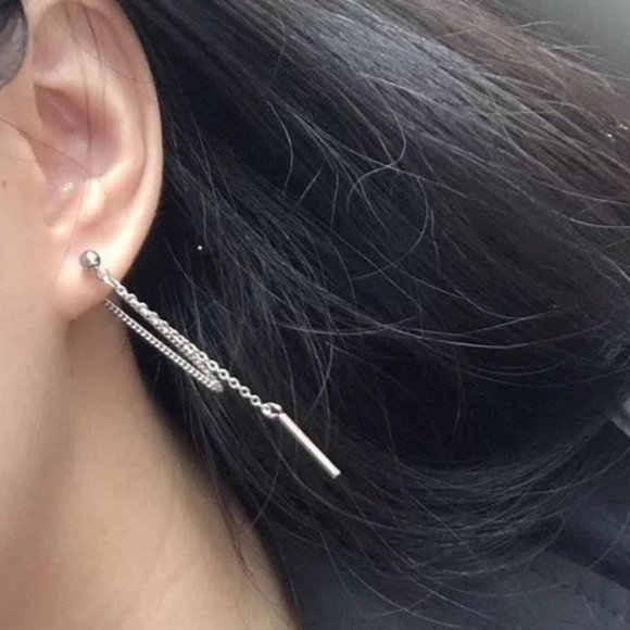 NEW 925 Sterling Silver Chain Bar Drop Earrings E5 - Picture 4 of 4